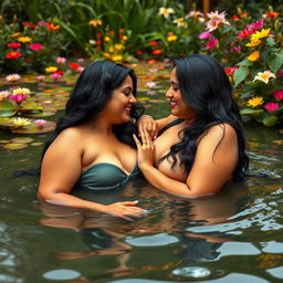 Two beautiful Indian ladies, both in their mid-30s with long black hair and curvy figures, are playfully engaging with each other in the shallow waters of a wildlife pond