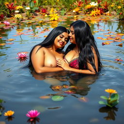 Two beautiful Indian ladies, both in their mid-30s with long black hair and curvy figures, are playfully engaging with each other in the shallow waters of a wildlife pond