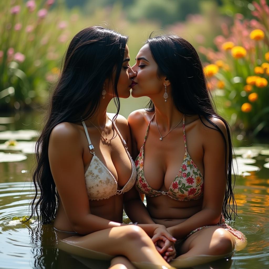 Two beautiful Indian ladies in their mid-30s with long black hair, sitting in shallow water of a wildlife pond