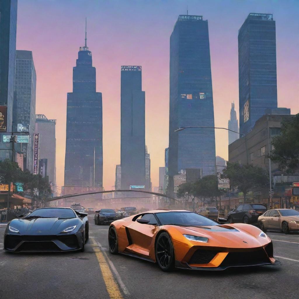 Imagine a cover for GTA 8, featuring futuristic cityscape, advanced vehicles, and cyberpunk-inspired characters.