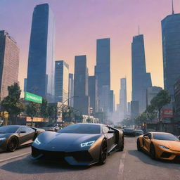 Imagine a cover for GTA 8, featuring futuristic cityscape, advanced vehicles, and cyberpunk-inspired characters.