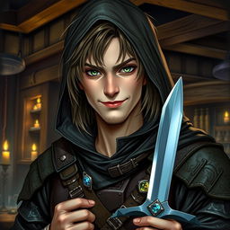 A detailed portrait of a Dungeons and Dragons rogue character, showcasing a cunning expression and a sly smile