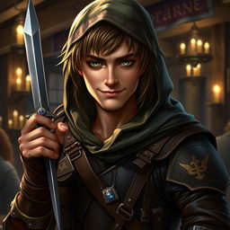 A detailed portrait of a Dungeons and Dragons rogue character, showcasing a cunning expression and a sly smile