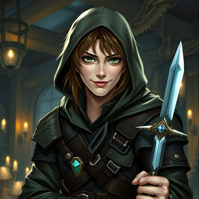 A detailed portrait of a Dungeons and Dragons rogue character, showcasing a cunning expression and a sly smile