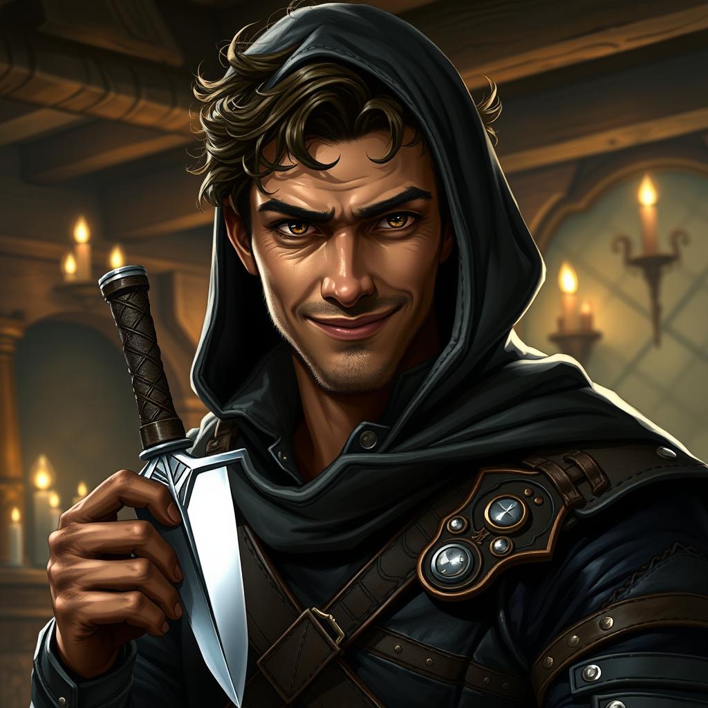 A detailed portrait of a Dungeons and Dragons male rogue character with a brown skin tone, showcasing a cunning expression and a sly smile