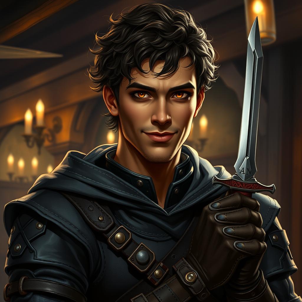 A detailed portrait of a Dungeons and Dragons male rogue character with a brown skin tone, showcasing a cunning expression and a sly smile