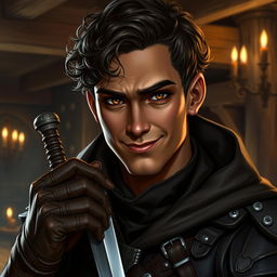 A detailed portrait of a Dungeons and Dragons male rogue character with a brown skin tone, showcasing a cunning expression and a sly smile