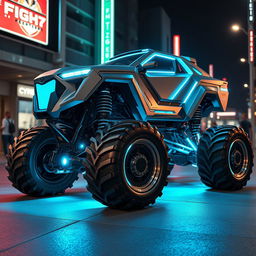 A futuristic cyber monster truck, heavily armored and enhanced with advanced technology