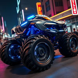 A futuristic cyber monster truck, heavily armored and enhanced with advanced technology