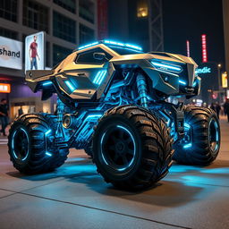 A futuristic cyber monster truck, heavily armored and enhanced with advanced technology