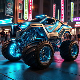 A futuristic cyber monster truck, heavily armored and enhanced with advanced technology