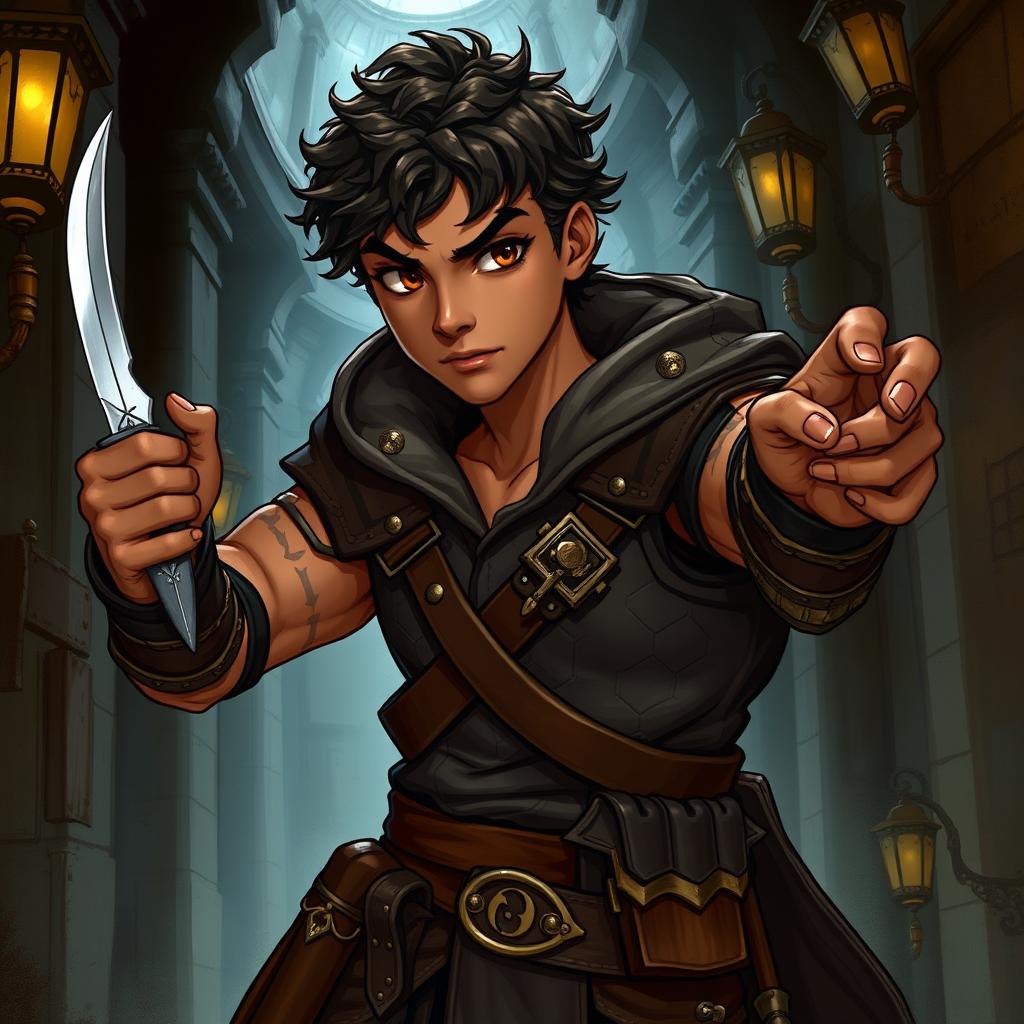 An illustration of a male Dungeons and Dragons rogue character with a brown skin tone, depicted in a dynamic and adventurous pose