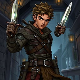 An illustration of a male Dungeons and Dragons rogue character with a brown skin tone, depicted in a dynamic and adventurous pose