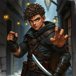 An illustration of a male Dungeons and Dragons rogue character with a brown skin tone, depicted in a dynamic and adventurous pose