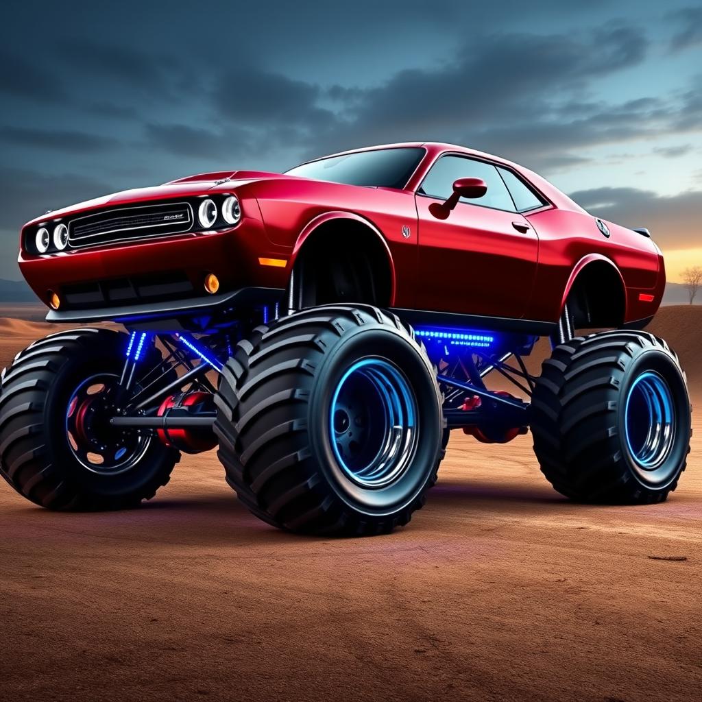 A powerful Dodge Challenger monster truck, featuring a bold and aggressive design