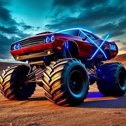 A powerful Dodge Challenger monster truck, featuring a bold and aggressive design