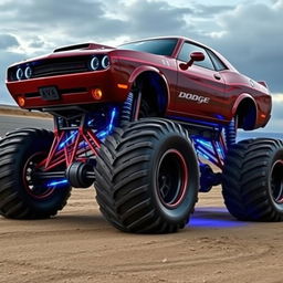 A powerful Dodge Challenger monster truck, featuring a bold and aggressive design