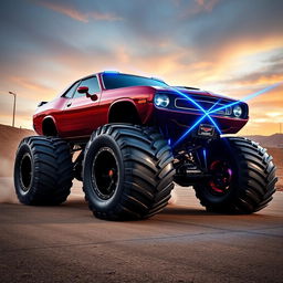 A powerful Dodge Challenger monster truck, featuring a bold and aggressive design