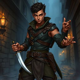 A full-body illustration of a male Dungeons and Dragons rogue character with a brown skin tone, posed dynamically as if ready for action