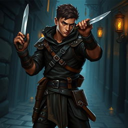 A full-body illustration of a male Dungeons and Dragons rogue character with a brown skin tone, posed dynamically as if ready for action