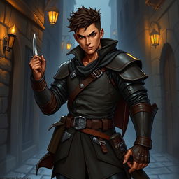 A full-body illustration of a male Dungeons and Dragons rogue character with a brown skin tone, posed dynamically as if ready for action