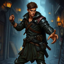 A full-body illustration of a male Dungeons and Dragons rogue character with a brown skin tone, posed dynamically as if ready for action