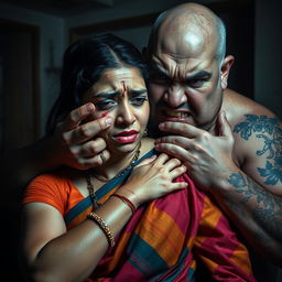 An intense and emotional scene depicting a bruised and cut Indian female character in a colorful saree, showcasing her fear as she is being choked by an older, angry white Caucasian fat bald man