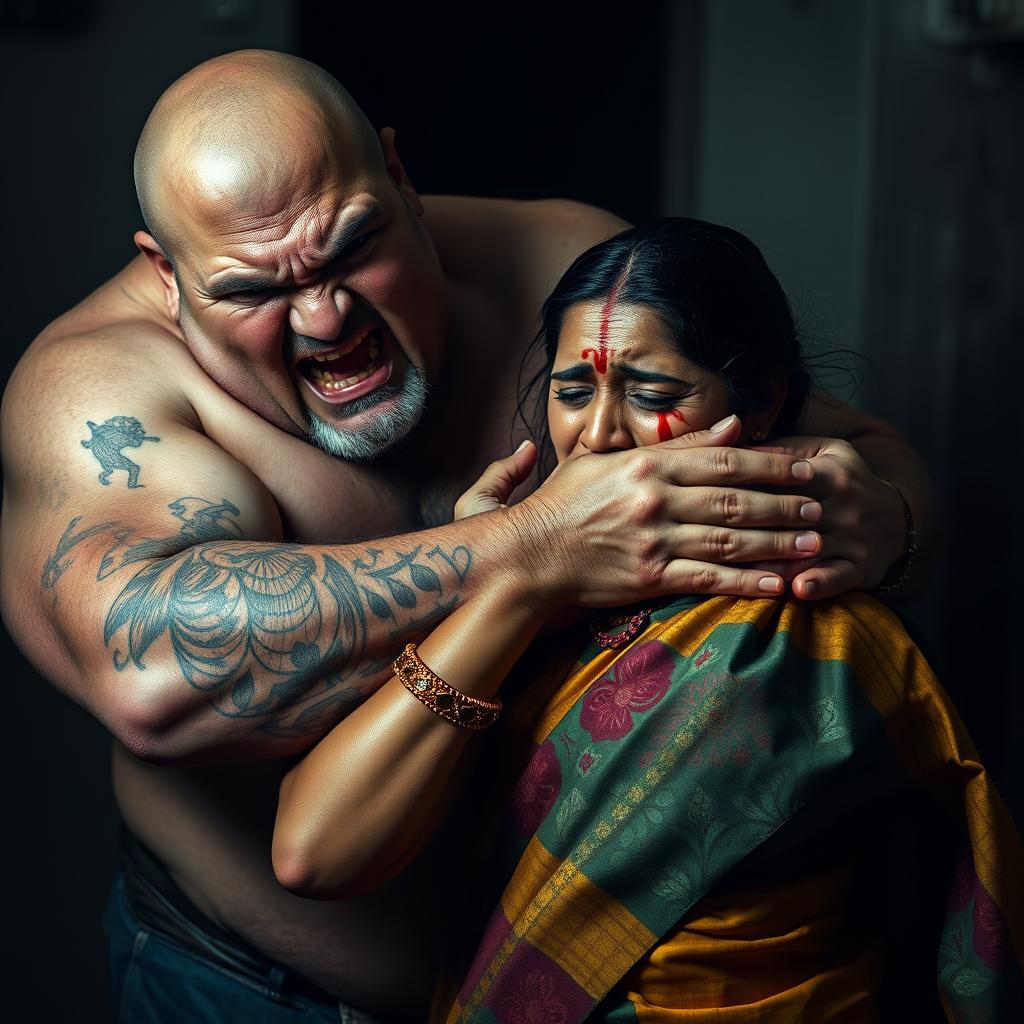 An intense and emotional scene depicting a bruised and cut Indian female character in a colorful saree, showcasing her fear as she is being choked by an older, angry white Caucasian fat bald man