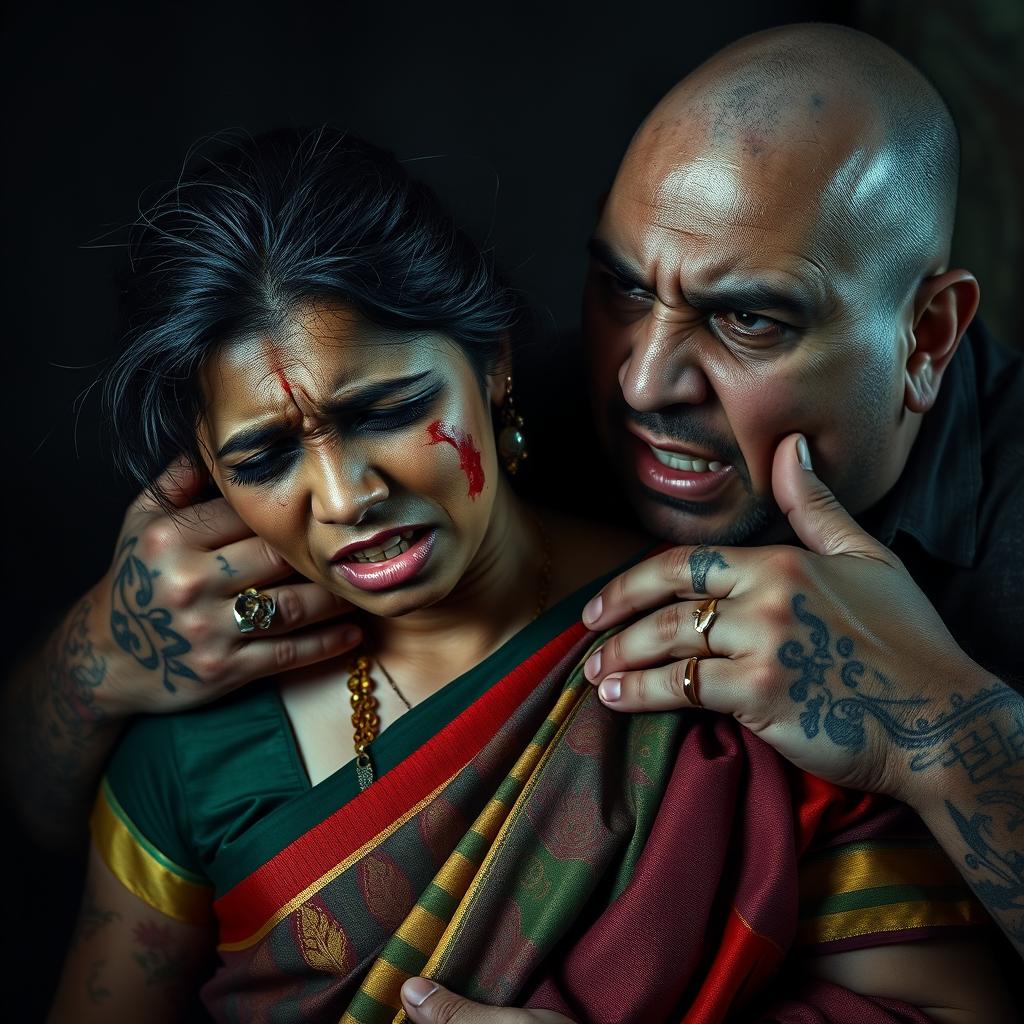 An intense and emotional scene depicting a bruised and cut Indian female character in a colorful saree, showcasing her fear as she is being choked by an older, angry white Caucasian fat bald man