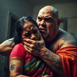 An intense and emotional scene depicting a bruised and cut Indian female character in a colorful saree, showcasing her fear as she is being choked by an older, angry white Caucasian fat bald man