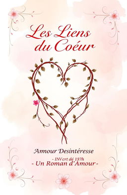 A romantic book cover design showcasing a beautiful, intertwined heart-shaped vine against a soft watercolor background