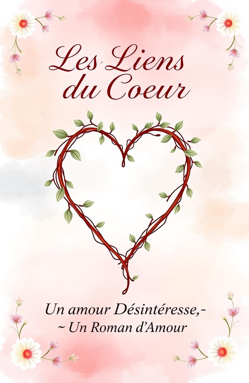 A romantic book cover design showcasing a beautiful, intertwined heart-shaped vine against a soft watercolor background