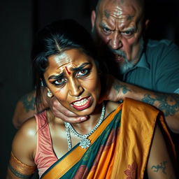 An emotionally charged scene featuring a beautiful dusky Indian female character in a richly colored saree, visibly bruised and cut, displaying fear as she is choked by an older, angry white pale Caucasian fat bald man