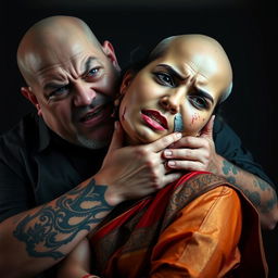 An emotionally charged scene featuring a beautiful dusky Indian female character in a richly colored saree, visibly bruised and cut, displaying fear as she is choked by an older, angry white pale Caucasian fat bald man