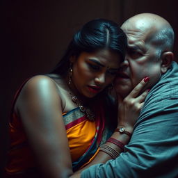 An emotionally charged scene featuring a beautiful dusky Indian female character in a richly colored saree, visibly bruised and cut, displaying fear as she is choked by an older, angry white pale Caucasian fat bald man