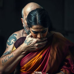 An emotionally charged scene featuring a beautiful dusky Indian female character in a richly colored saree, visibly bruised and cut, displaying fear as she is choked by an older, angry white pale Caucasian fat bald man