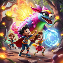 A vibrant and dynamic scene featuring Team Loco, a diverse group of animated characters, engaging in an exciting adventure with the mystical Ariopandilla, a magical creature that resembles a colorful, mythical beast