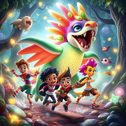 A vibrant and dynamic scene featuring Team Loco, a diverse group of animated characters, engaging in an exciting adventure with the mystical Ariopandilla, a magical creature that resembles a colorful, mythical beast