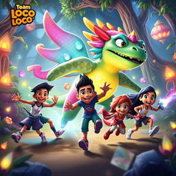 A vibrant and dynamic scene featuring Team Loco, a diverse group of animated characters, engaging in an exciting adventure with the mystical Ariopandilla, a magical creature that resembles a colorful, mythical beast