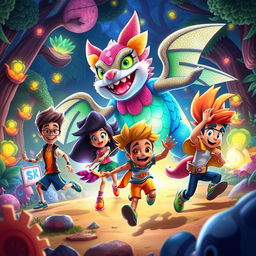 A vibrant and dynamic scene featuring Team Loco, a diverse group of animated characters, engaging in an exciting adventure with the mystical Ariopandilla, a magical creature that resembles a colorful, mythical beast