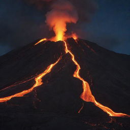 A dramatic scene of molten lava flowing from an active volcano, casting a fiery glow against a stark, night sky.