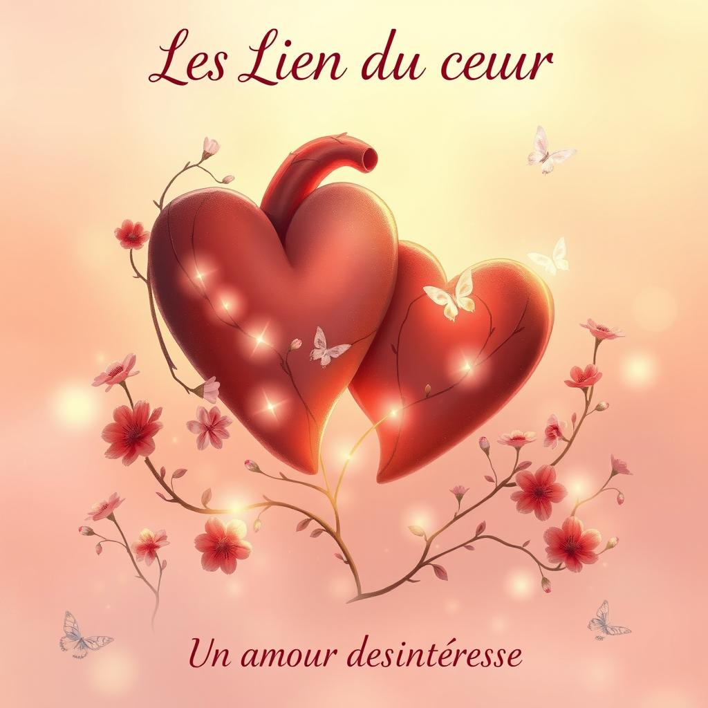 A romantic and emotional illustration depicting the concept of 'Les Lien du coeur' with the subtitle 'Un amour désintéressé'