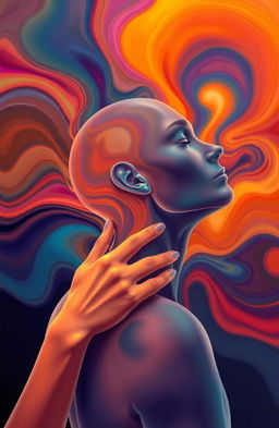 An abstract representation of a person gently massaging their neck, with swirling, fluid shapes and vibrant colors