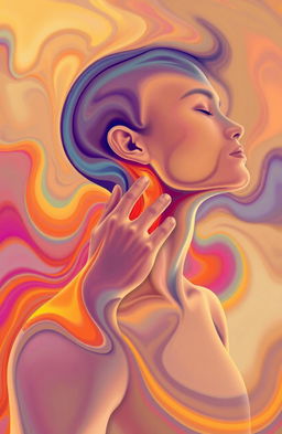 An abstract representation of a person gently massaging their neck, with swirling, fluid shapes and vibrant colors