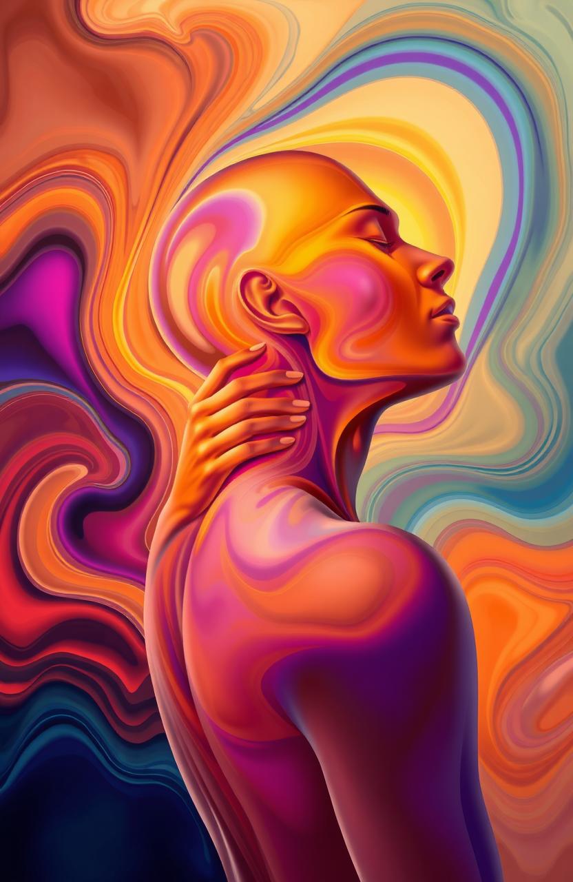 An abstract representation of a person gently massaging their neck, with swirling, fluid shapes and vibrant colors