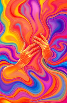 An abstract representation of a person gently massaging their neck, with swirling, fluid shapes and vibrant colors