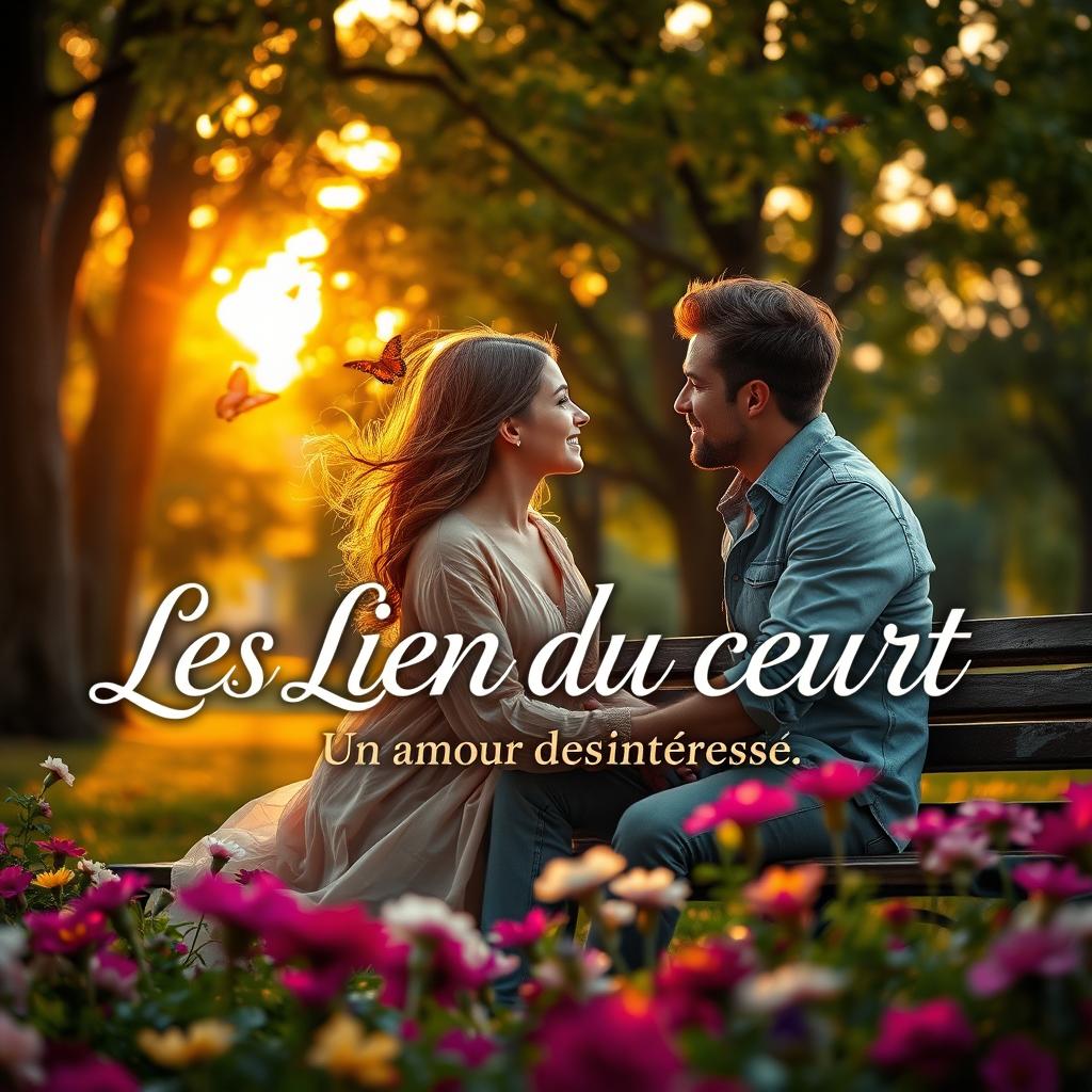 A romantic scene depicting the title "Les Lien du coeur" with the subtitle "Un amour désintéressé" elegantly placed within the image