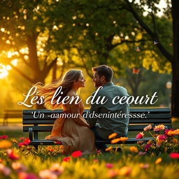 A romantic scene depicting the title "Les Lien du coeur" with the subtitle "Un amour désintéressé" elegantly placed within the image