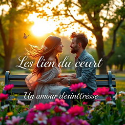 A romantic scene depicting the title "Les Lien du coeur" with the subtitle "Un amour désintéressé" elegantly placed within the image