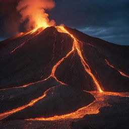 A dramatic scene of molten lava flowing from an active volcano, casting a fiery glow against a stark, night sky.